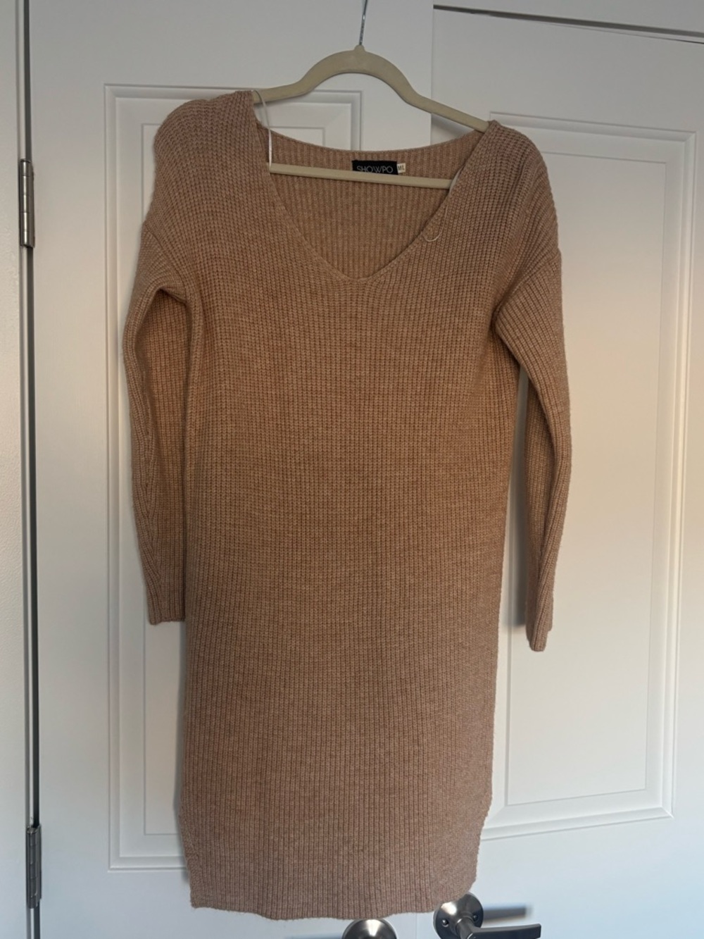 Showpo Ribbed V-Neck Long Sleeve Knit Dress in Camel